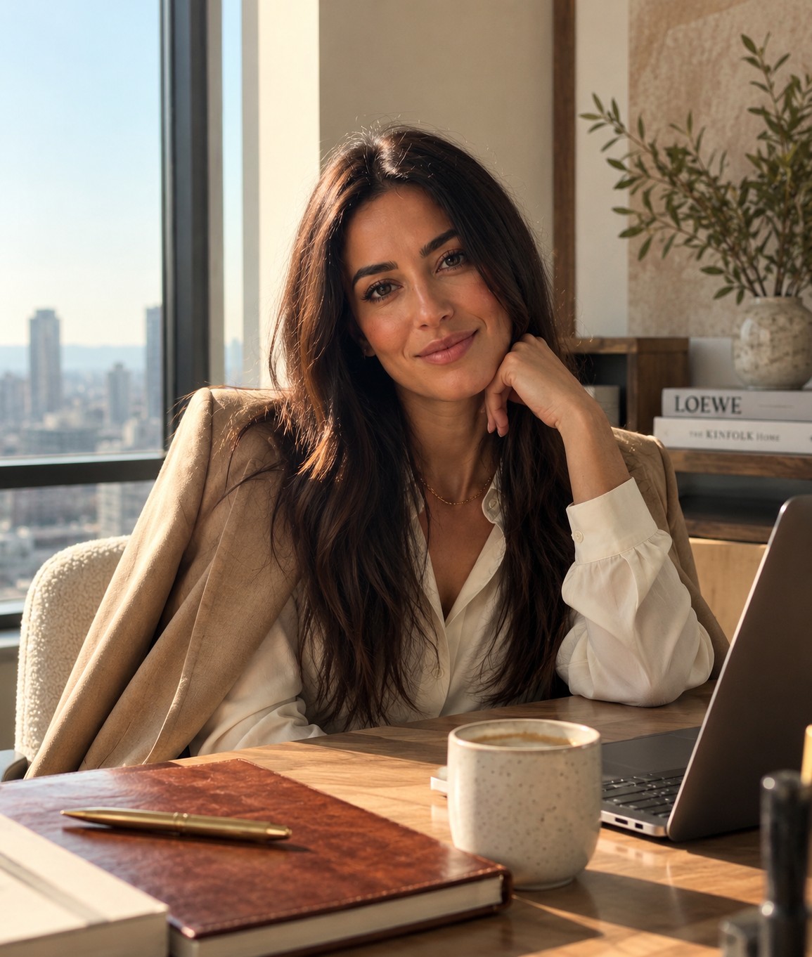 Anna Cohen, founder of ASK ARA, smiling at her desk with a laptop and coffee by a sunlit window