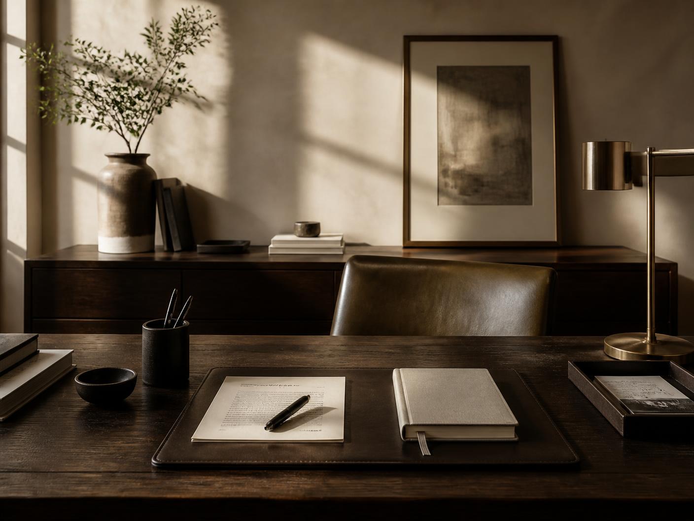 A calm, elegant home office with an arched window and soft morning light